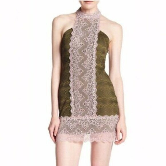 Free People Natasha Pink Green lace halter  mini bodycon dress - Picture 6 of 16